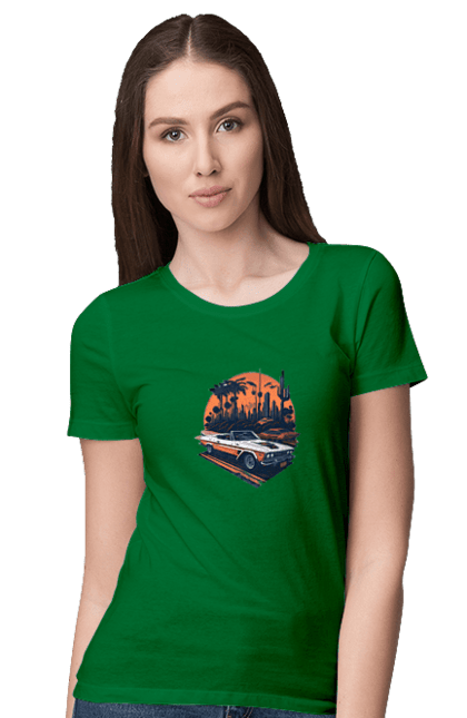 Women`s t-shirt with prints Beautiful car at sunset. Auto, sun, sunset. 2070702