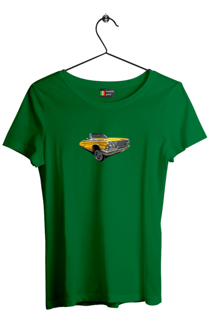 Футболка женская с принтом Автомобіль. Car, chevrolet, classic, impala, lowrider. 2070702