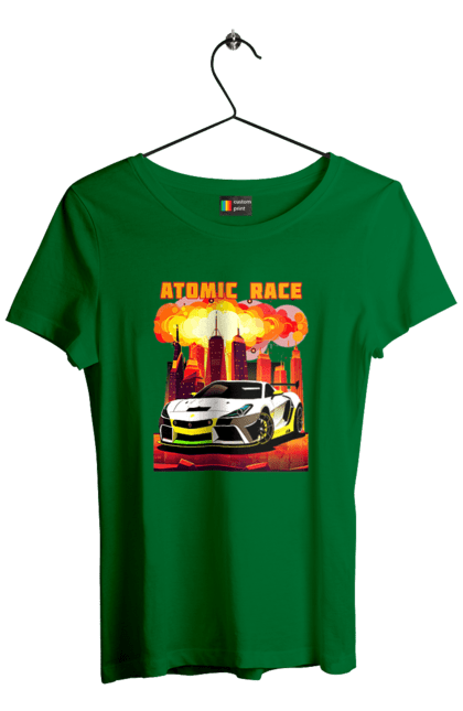 Футболка жіноча з принтом "Атомна гонка". Авто, автомобіль, атомні перегони, гонки, гоночні машини, спортивна машина, спорткар. 2070702