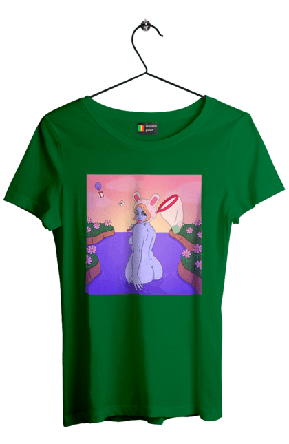 Футболка жіноча з принтом "Фіолетова Дівчина На Полюванні". Гола, дівчина, сачок. 2070702