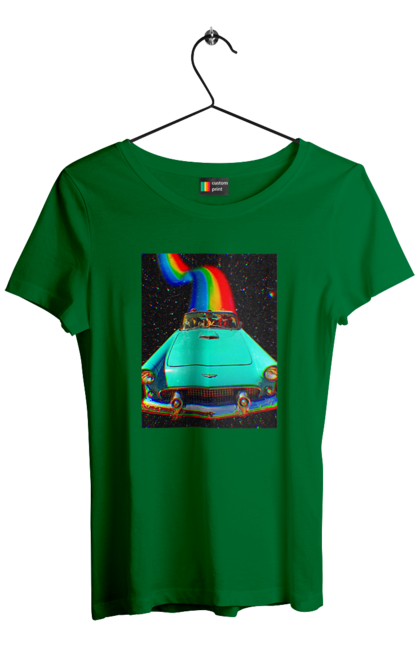 Футболка жіноча з принтом "Картина, машина у космосі". Веселка, картина, космос, машина, подорожі, поїздка, прикол, ретро. 2070702