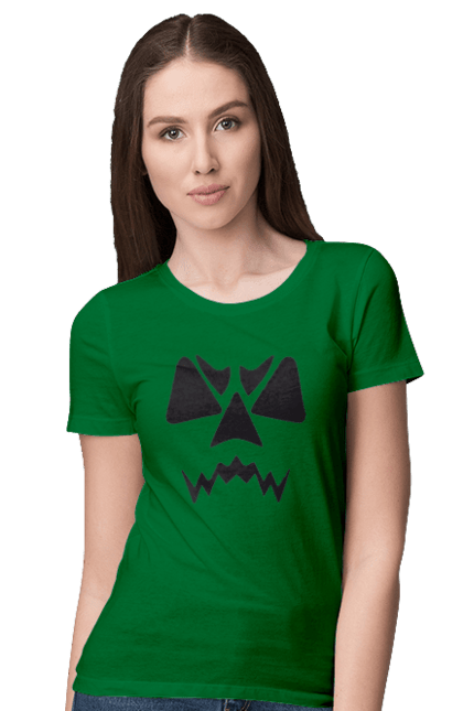 Women's t-shirt with prints Halloween pumpkin face. Costume, halloween, holiday, october, october 31, pumpkin, scary, sweets, trick or treat. 2070702