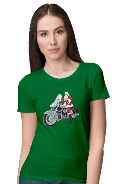 Футболка женская с принтом Санта На Мотоцикле. Мотоцикл, новый год, праздник, санта. 2070702