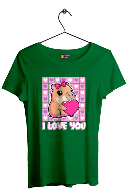 Women`s t-shirt with prints Capybara in love. Capybara, cute animals, hearts, i love you, love, romance, romantic gift, valentine, valentine`s day. 2070702