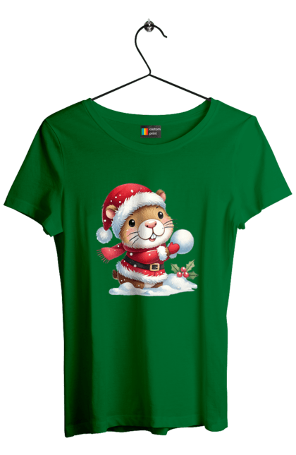 Women's t-shirt with prints Capybara playing snowballs. Animal, capybara, christmas, christmas capybara, game, gift, holiday, new year, santa, snowballs. 2070702