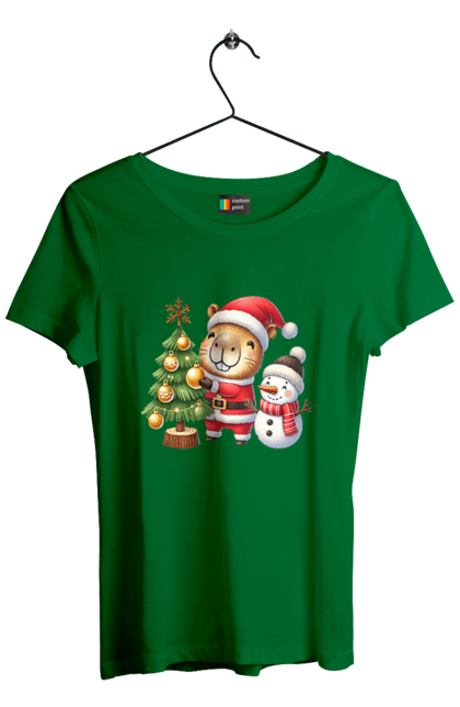 Women's t-shirt with prints Christmas Capybara with a Tree. Animal, capybara, christmas, christmas capybara, christmas tree, gift, holiday, new year, new year`s gift, santa. 2070702