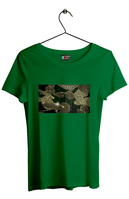 Футболка женская с принтом Биткойн. Биткойн, богатство, валюта, деньги, криптовалюта, курс, майнинг, матрица, монета, роскошь, цифровой мир. 2070702