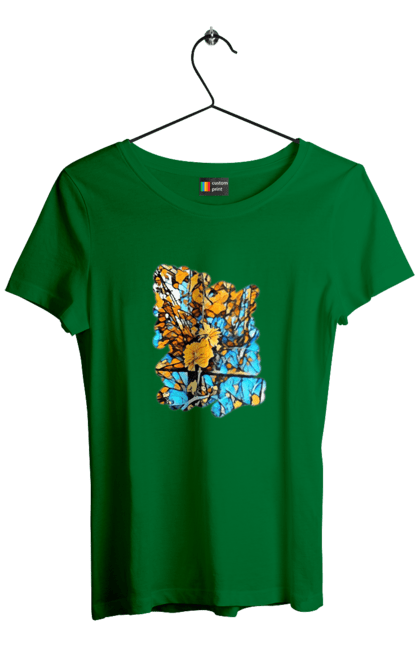 Футболка жіноча з принтом "Жовті квіти на синьому фоні". Арт, жовтий та синій, жовті квіти, жовто-синій, квіти, малюнок, природа, синій та жовтий, синьо-жовтий. 2070702