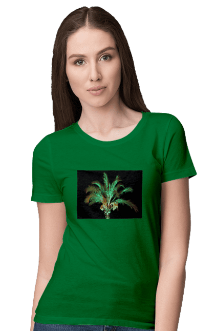 Футболка жіноча з принтом "Фінікова Пальма Вночі". Берег, відпочинок, відпустка, зелений, море, ніч, оазис, океан, острів, пальма, південь, подорож, пригоди, тропіки, фінікова, чорне. 2070702
