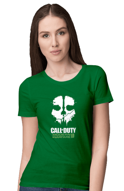 Футболка жіноча з принтом "Call of Duty Modern Warfare II". Call of duty, modern warfare, playstation, бої, бойовик, відеогра, гра, пригоди, спецоперації. futbolka.stylus.ua