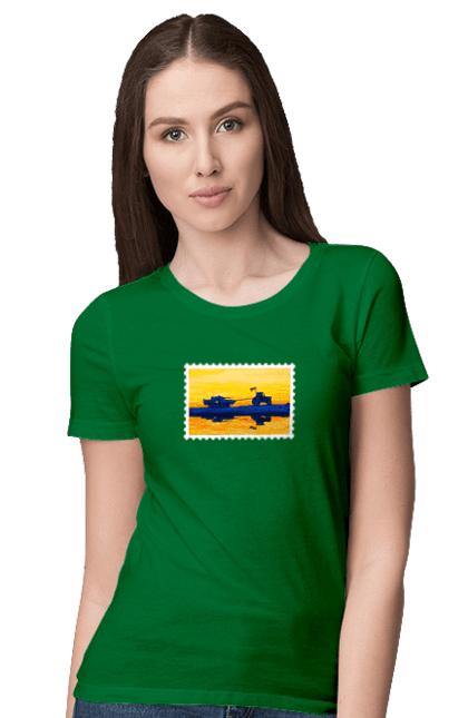 Футболка жіноча з принтом "Нова марка, трактор що тягне танк". Добрий вечір, доброго вечора, марка, марка україни, марка укрпочта, ні війні, трактор тягне танк, тракторні війська, укрпочта. 2070702