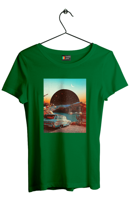 Футболка женская с принтом Картина, машина у речки. Картина, машина, планета, прикол, река, ретро. 2070702