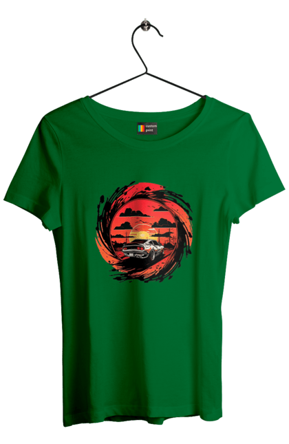 Футболка жіноча з принтом "Феррарі на заході сонця". Авто, автомобіль, машини, феррарі. 2070702