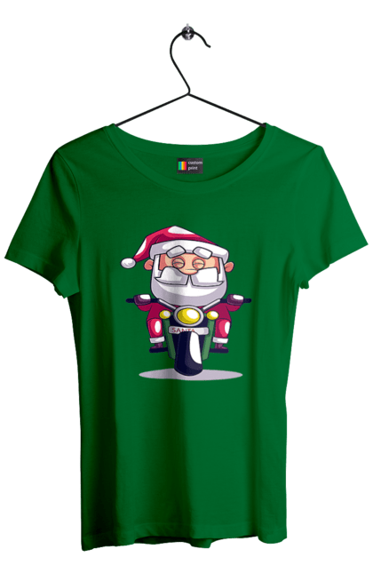 Футболка женская с принтом Счастливый санта на мотоцикле. 2022, дед мороз, зима, мотоцикл, новый год, рождество, санта, снег. 2070702
