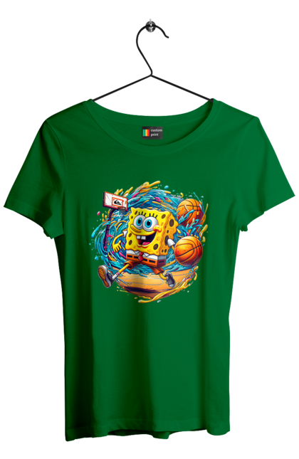 Women's t-shirt with prints SpongeBob. Animated series, ball, basketball, cartoon, spongebob, spongebob squarepants, sport. 2070702