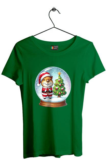 Women's t-shirt with prints Christmas Capybara with a Tree. Animal, capybara, christmas, christmas capybara, christmas tree, gift, holiday, new year, new year`s gift, santa. 2070702