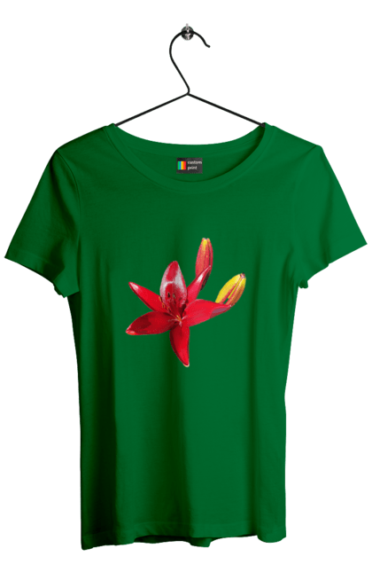 Women`s t-shirt with prints Red lily. Bright, bud, buds, color, flower, lily, nature, red, red flower, red lily, sunny. 2070702