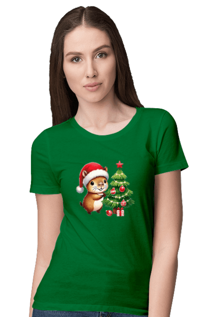 Women's t-shirt with prints Christmas Capybara with a Tree. Animal, capybara, christmas, christmas capybara, christmas tree, gift, holiday, new year, new year`s gift, santa. 2070702