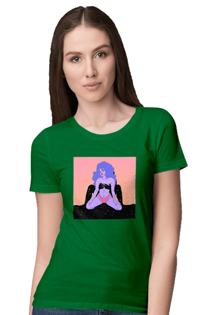 Футболка жіноча з принтом "Фіолетова Дівчина В Трусиках". Інопланетянка, у трусах. 2070702