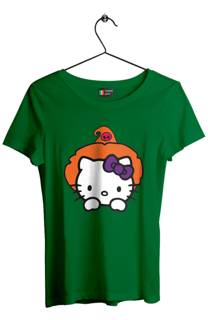 Women's t-shirt with prints Hello Kitty Halloween. Brand, cat, character, halloween, hello kitty, kitten, kitty, witch. 2070702