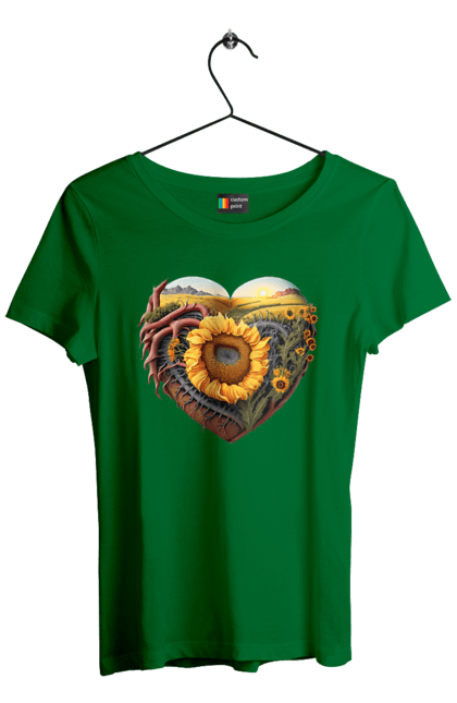 Футболка жіноча з принтом "Символи України". Небо, поле, пшениця, символи україни, соняшник, україна. 2070702