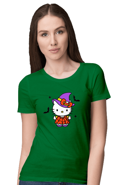 Women's t-shirt with prints Hello Kitty Halloween. Brand, cat, character, halloween, hello kitty, kitten, kitty, witch. 2070702