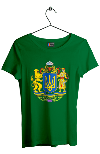 Футболка жіноча з принтом "Герб України". Герб, герб україни, козак, лев, лев і козак, україна. 2070702