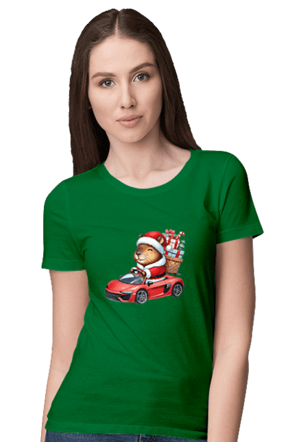 Women's t-shirt with prints Christmas Capybara with a Gift. Animal, capybara, car, christmas, christmas capybara, gift, holiday, new year, new year`s gift, santa. 2070702