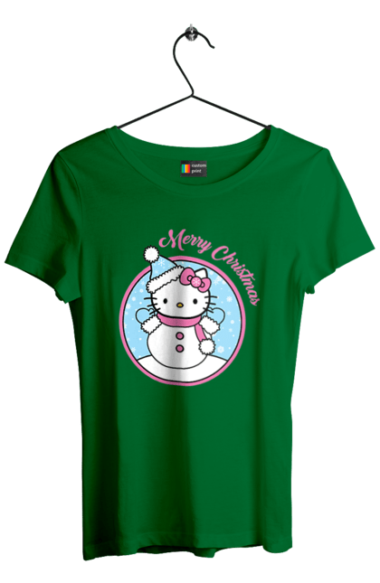 Футболка женская с принтом Хелло Китти Счастливого Рождества!. Hello kitty, merry christmas, бренд, кот, котенок, персонаж, рождество, санта клаус, хелло китти. 2070702