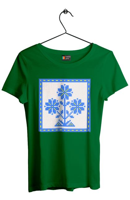 Футболка жіноча з принтом "Жовто блакитна вишивка квіти". Вишивка, вишивка хрестиком, квіти, символ україни, традиції україни, україна. 2070702