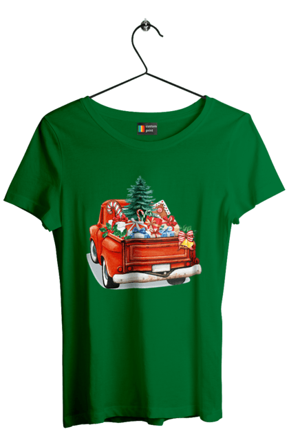 Футболка жіноча з принтом "Авто з подарунками". Автомобіль, новий рік, подарунки, різдво, санта, ялинка. 2070702