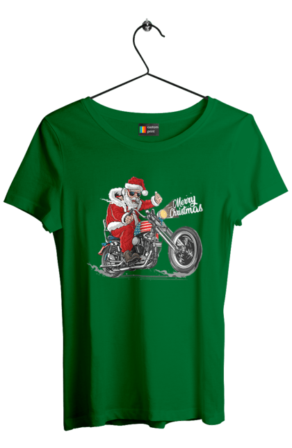 Футболка жіноча з принтом "Санта в окулярах на мотоциклі". Байкер, дід мороз, зима, мотоцикл, новий рік, різдво, санта, санта клаус, сніг, щасливого різдва. 2070702
