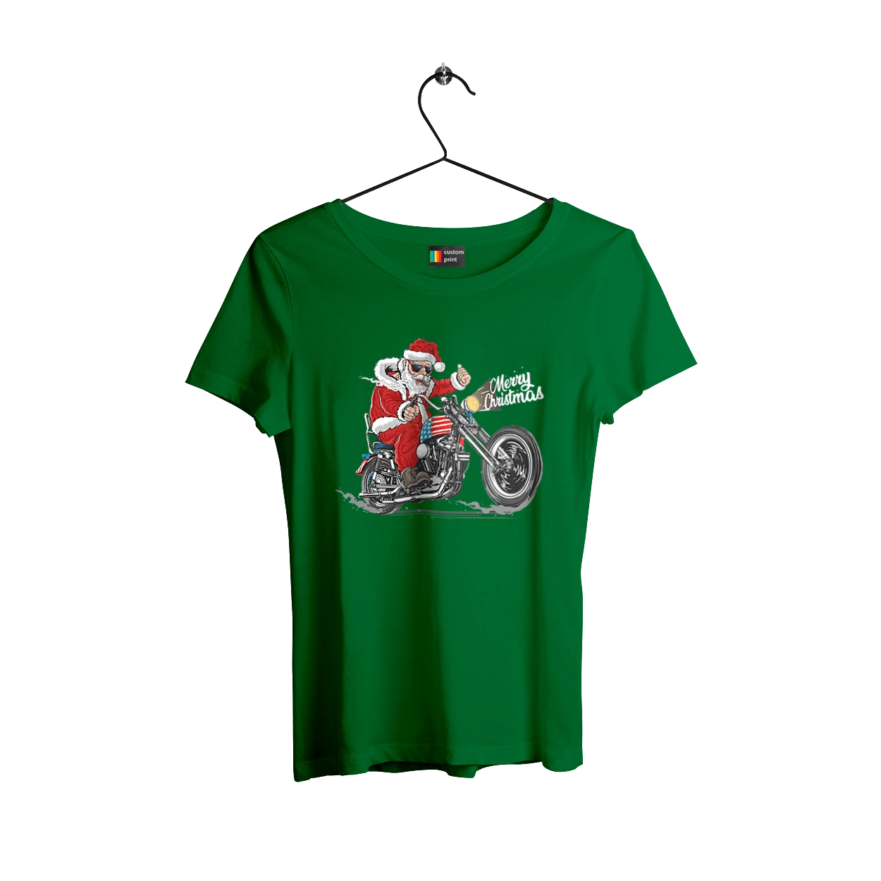 Santa in glasses on a motorcycle