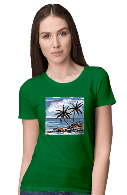 Women`s t-shirt with prints Palm Trees And Sky. Clouds, palm trees, sea, sky. 2070702