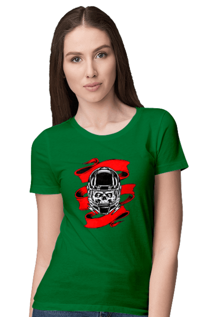 Women`s t-shirt with prints Skull in a motorcycle helmet. Helmet, moto, skull, tape. 2070702