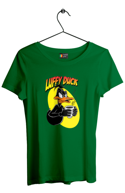 Футболка женская с принтом Даффи Дак. Daffy duck, looney tunes, merrie melodies, warner brothers, даффи дак, мультфильм, персонаж, утка, утка даффи. 2070702