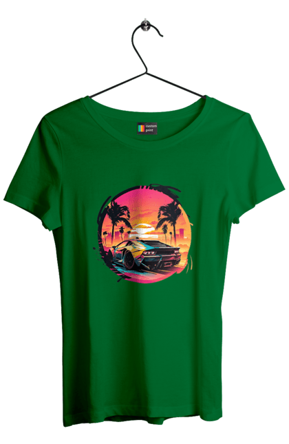 Футболка жіноча з принтом "Ламборджині Ретровейв". Авто, автомобиль, ламба, ламборджині, машина, машини, ретровейв. 2070702