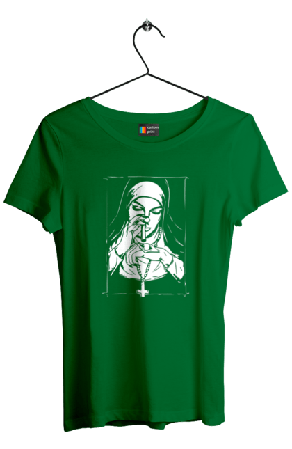 Футболка жіноча з принтом "Монашка нюхає порошок". Крута, метал, модна, молодіжна, популярна, рок, хрест, черниця, черниця нюхає порошок. 2070702