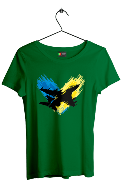 Футболка жіноча з принтом "Літак F 16". З прапором, зсу, літак, літак f16, патріотична, прапор, ф16. 2070702