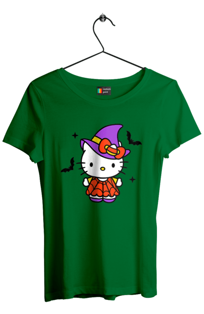 Women's t-shirt with prints Hello Kitty Halloween. Brand, cat, character, halloween, hello kitty, kitten, kitty, witch. 2070702