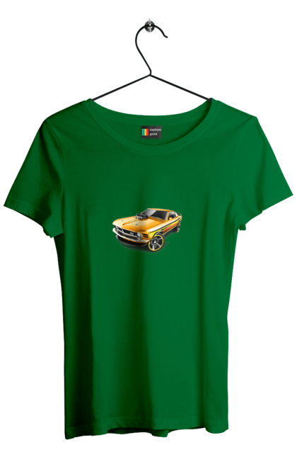 Футболка жіноча з принтом "Форд мустанг". Американська легенда, жовтий мустанг, культове авто, мустанг, потужне авто, форд мустанг, шелбі. 2070702