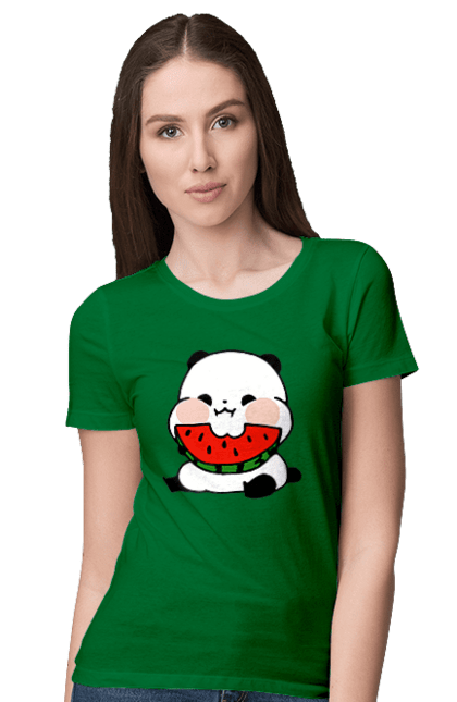 Футболка жіноча з принтом "Задоволена панда їсть кавун". Задоволена панда, кавун, панда. futbolka.stylus.ua