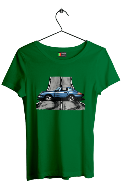 Футболка жіноча з принтом "Спортивний Автомобіль На Дорозі". Автомобіль, гонки, синій, спортиного, швидкий, швидкісний. 2070702