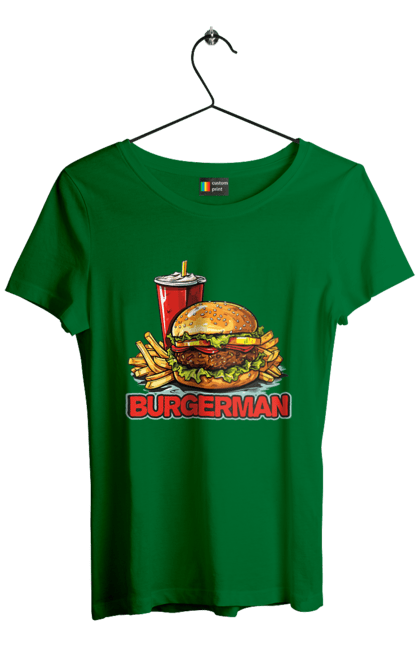 Футболка жіноча з принтом "Burgerman". Бургер, для чоловіків, їжа, літні, макдональдс, прикольні, трендові, фаст фуд, чоловічі. 2070702