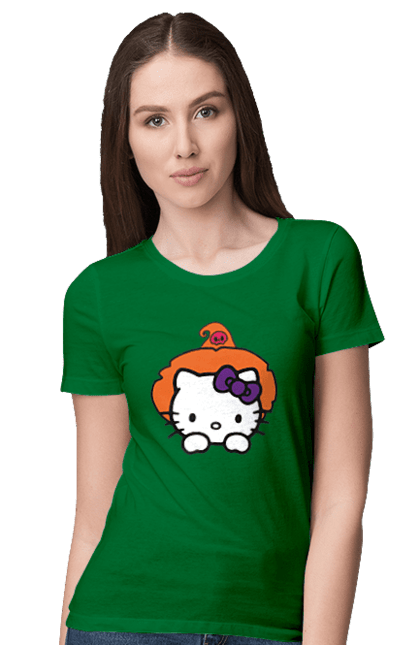 Women's t-shirt with prints Hello Kitty Halloween. Brand, cat, character, halloween, hello kitty, kitten, kitty, witch. 2070702