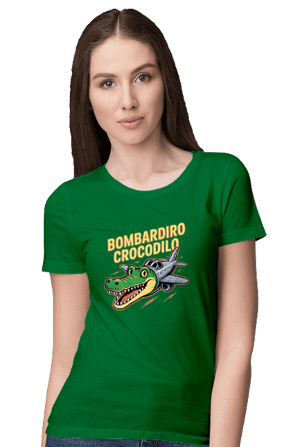 Футболка жіноча з принтом "Bombardino Crocodilo". Bombardino, bombardino crocodilo, crocodilo, бомбардиро крокодило, бомбардіно крокоділо, крокодил, крокодил літак, крокодил мем, мем бомбардине крокодило, меми. 2070702