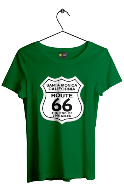 Women`s t-shirt with prints Route 66. Bike, biker, biker club, bikers club, brother, brutal, dude, hot asphalt, hot horse, hot rod, motorcycle, motorcyclist, real man, road 50, road 66, road 80, roads of america, roads of ukraine, roads we choose, speed, take, thirst for speed. 2070702