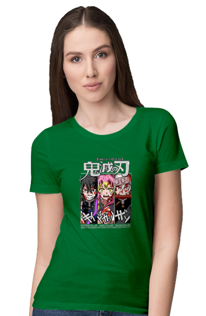 Women's t-shirt with prints Demon Slayer Obanai Mitsuri Tengen. Anime, demon slayer, iguro, kimetsu no yaiba, manga, mitsuri, obanai, tengen. 2070702