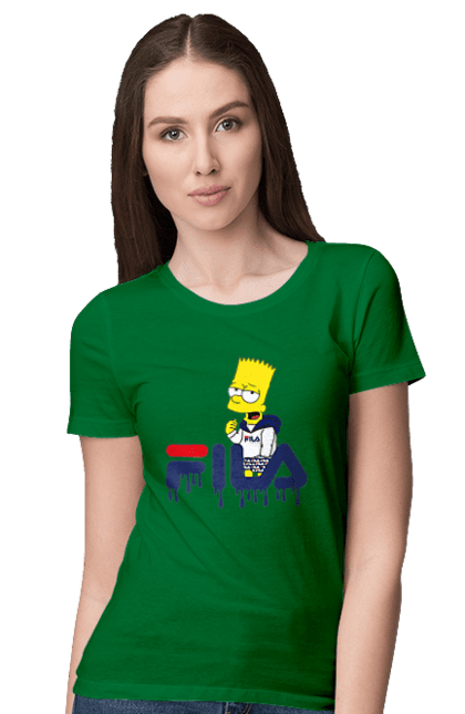 Футболка женская с принтом Барт FILA. Bart, simpsons, барт, мультфильм, симпсоны, спорт, спортивная одежда. 2070702