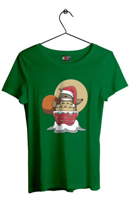 Women`s t-shirt with prints Totoro Santa Claus. Adventures, anime, comedy drama, fantasy, film, my neighbor totoro, santa claus, tv series. 2070702